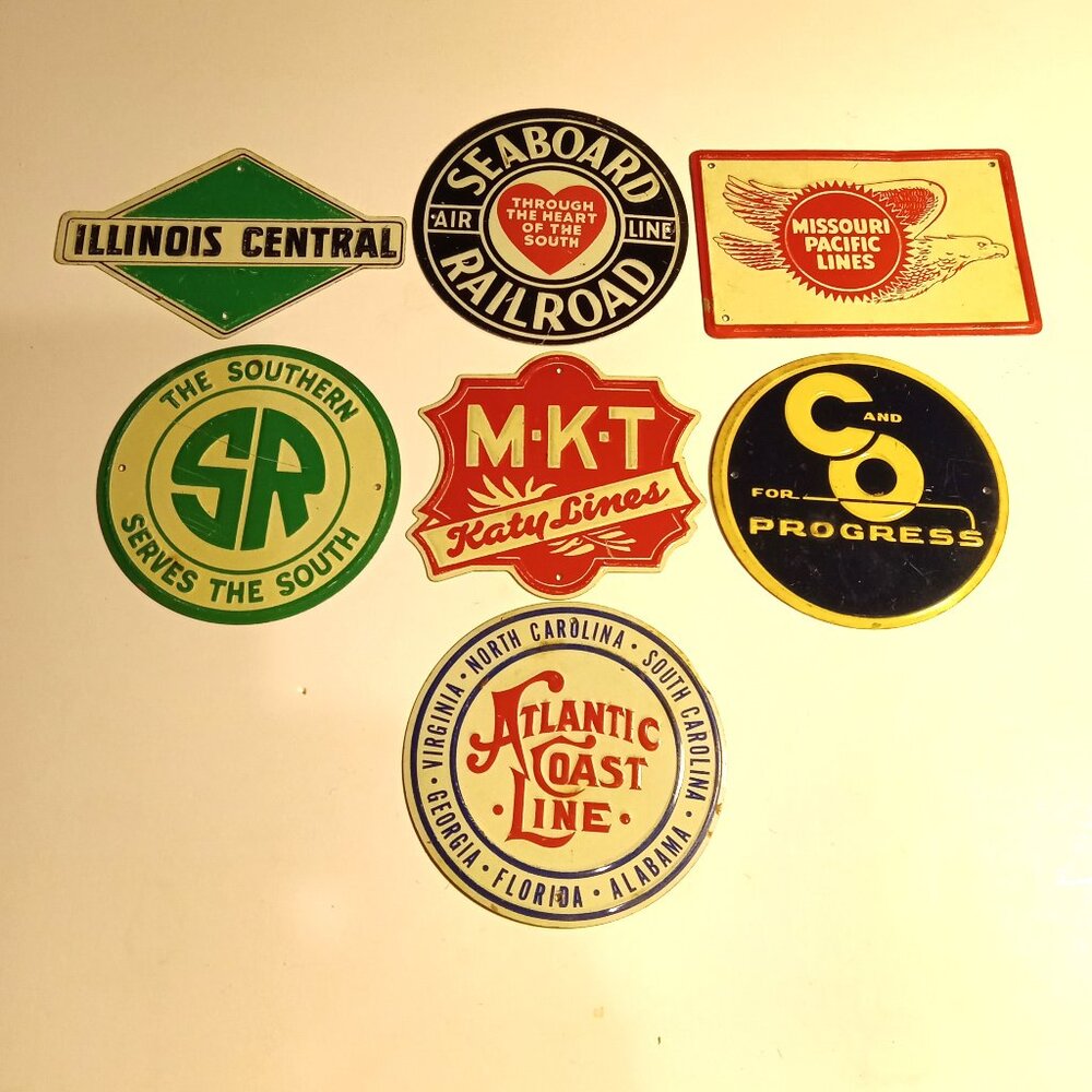 Vintage Central & Southern set of 7 Post Cereal Railroad Heralds (tins)